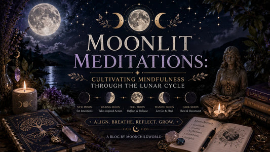Moonlit meditations guide for cultivating mindfulness with crystals, candles, and lunar journal under a full moon