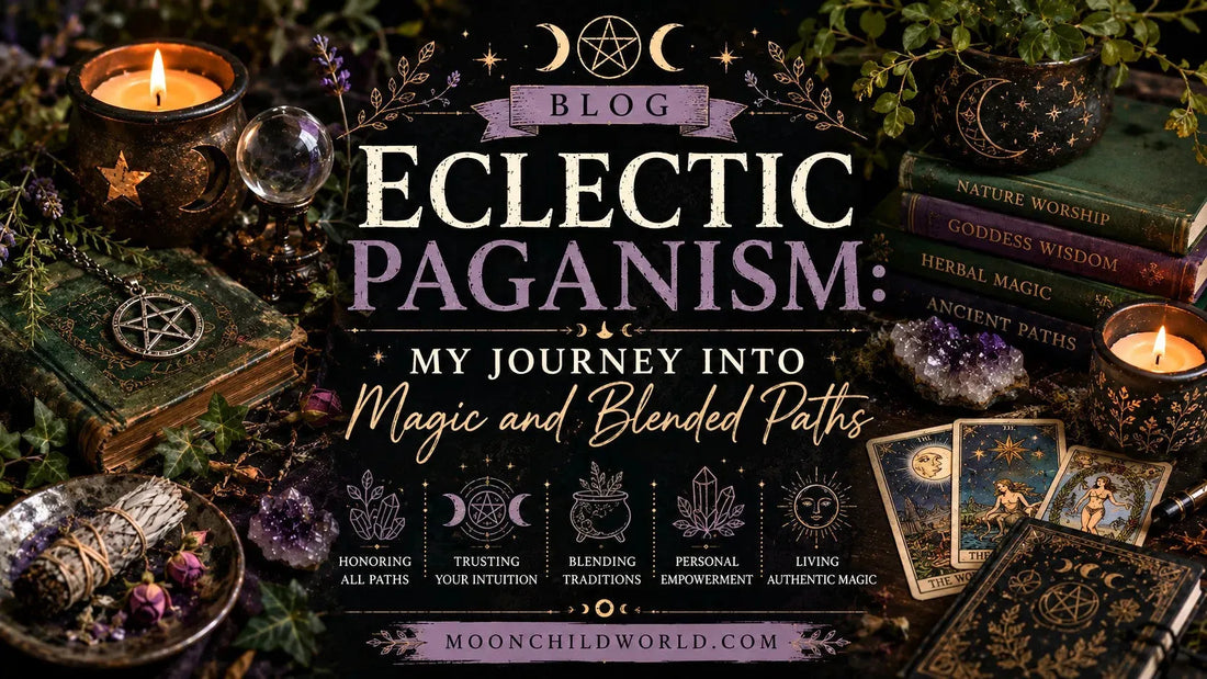 Cozy eclectic paganism altar space with crystals, candles, and moon phase decor for spiritual inspiration