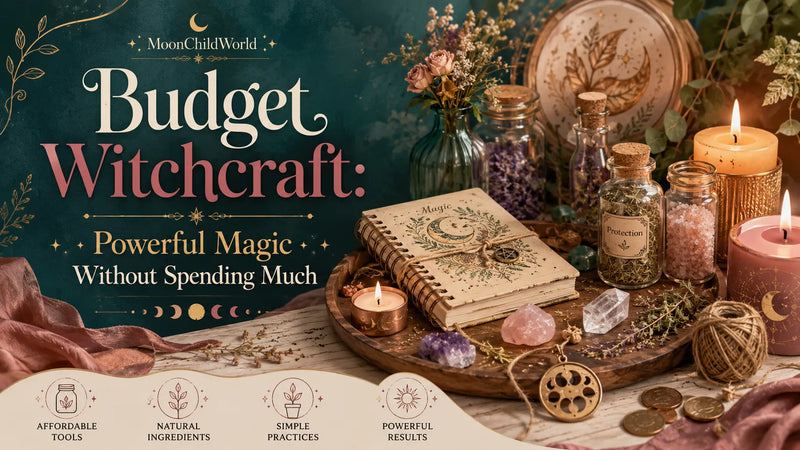 Budget witchcraft with candles, crystals, and affordable magical tools for powerful magic on a budget