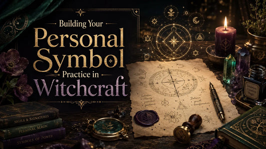 Magical workspace for building your personal symbol practice in witchcraft with candles, crystals, and spell books