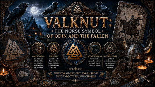 Valknut Norse symbol displayed with Odin’s helmet, runes, and Viking artifacts in a mystical night scene