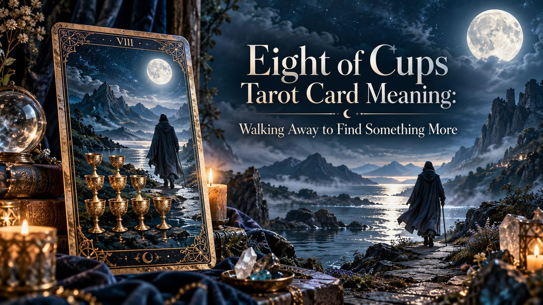 Eight of Cups tarot card meaning banner with the Eight of Cups card beside candles and golden cups