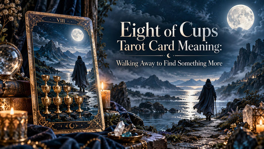 Eight of Cups tarot card meaning banner with the Eight of Cups card beside candles and golden cups