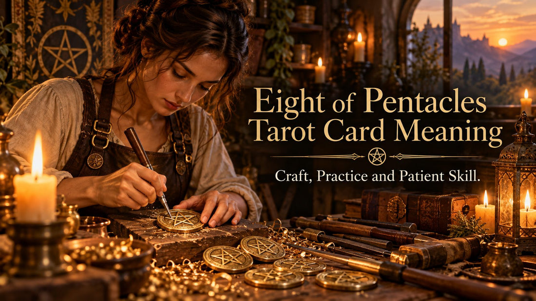 Eight of Pentacles tarot card meaning banner with the Eight of Pentacles card in a sunlit scene