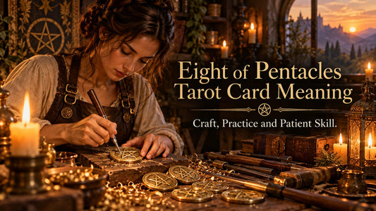 Eight of Pentacles tarot card meaning banner with the Eight of Pentacles card in a sunlit scene