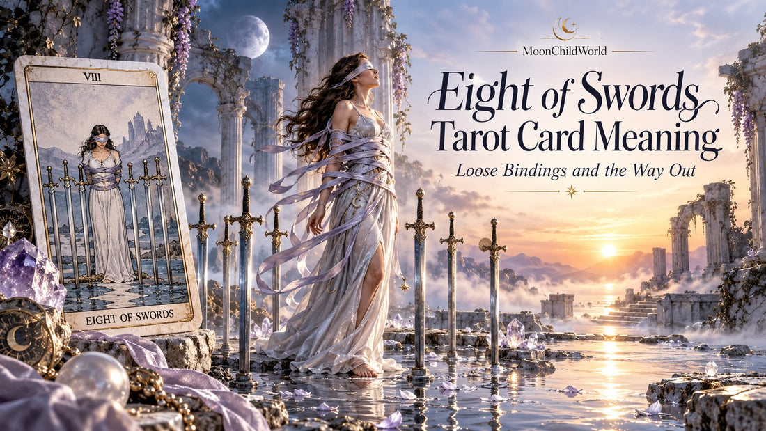 Eight of Swords tarot card meaning banner with the Eight of Swords card in a candlelit stone hall