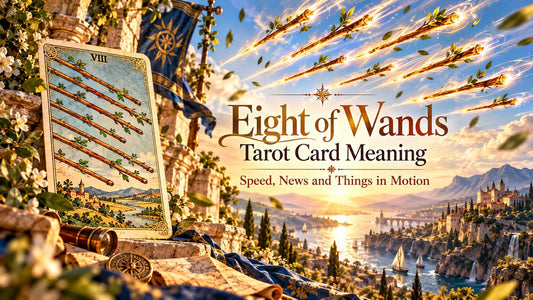 Eight of Wands tarot card meaning banner with the Eight of Wands card in a sunlit scene