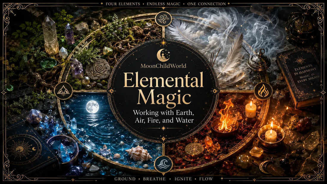 Elemental magic rituals with earth, air, fire, and water symbols for spiritual harmony and connection