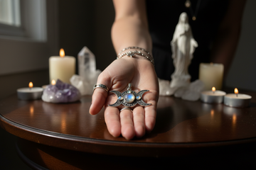 Wiccan moon jewelry featuring a triple moon pendant displayed on a hand with candles and crystals