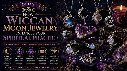 White gemstones triple moon ring Wiccan jewelry displayed with mystical moon necklaces and crystals for spiritual practice