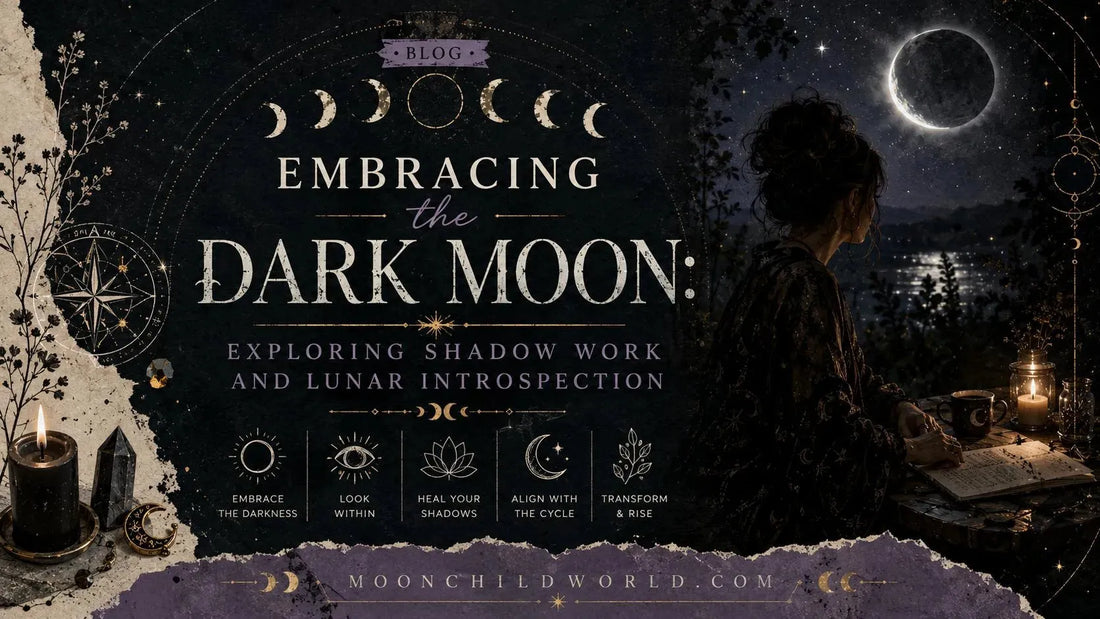 Woman journaling by candlelight under a dark moon, exploring shadow work and lunar introspection