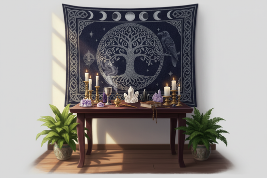 Witch tapestry featuring a moon phase design above a magical altar with crystals and candles for gothic decor inspiration