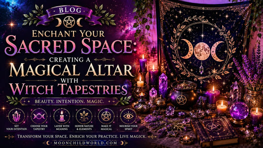 Witch tapestry featuring a moon phase design above a magical altar with crystals and candles for gothic decor inspiration