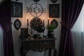 Gothic witch home decor featuring moon wall art, pentagram, candles, and mystical accents for magical inspiration