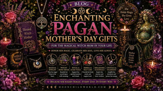 Cozy witchy home decor ideas for Pagan Mother’s Day with wiccan altar, moon symbols, and mystical accents