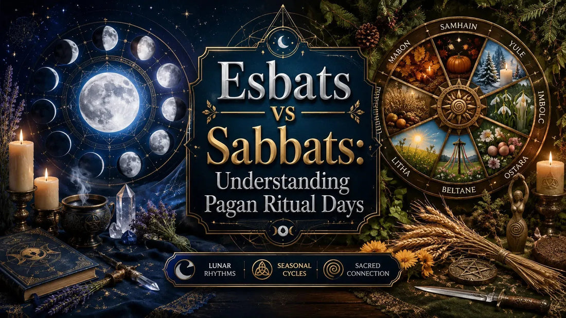 Moon phases and pagan sabbats wheel illustrating esbats vs sabbats for understanding pagan ritual days