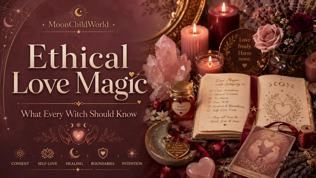 Ethical love magic guide with crystals, candles, and spellbook for mindful and respectful witchcraft practices