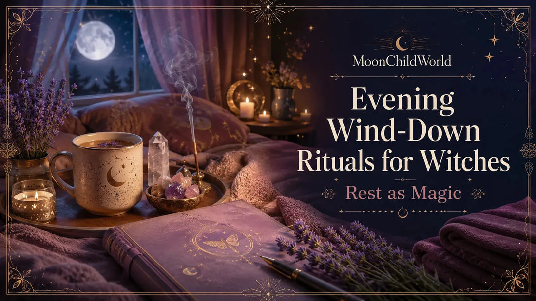 Cozy evening wind-down rituals for witches featuring tea, crystals, lavender, and moonlit bedroom ambiance
