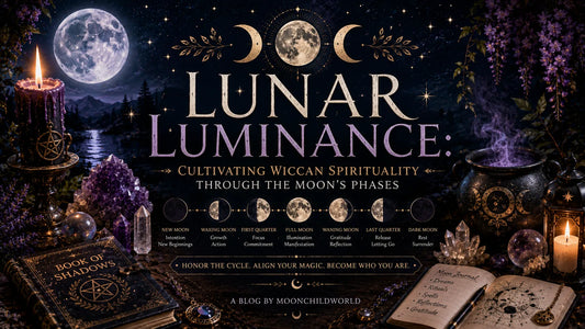 Mystical Wiccan altar with candles, crystals, and moon phases for cultivating lunar spirituality