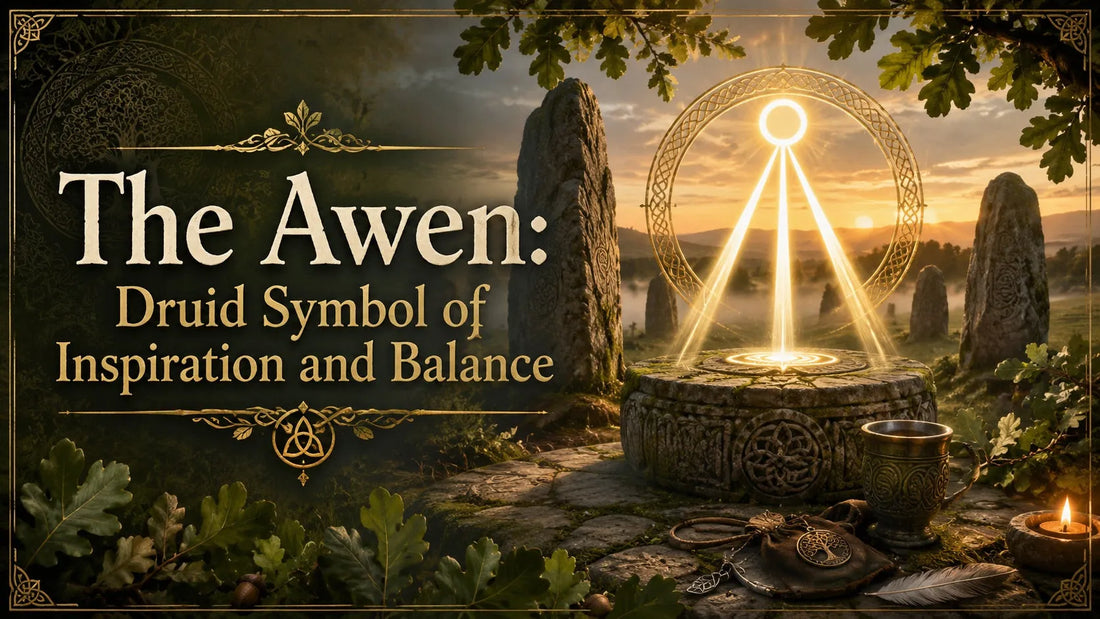 Mysterious Druid stone circle at sunrise with the Awen symbol representing inspiration and balance