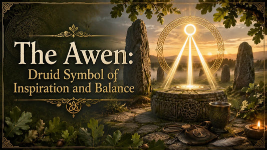 Mysterious Druid stone circle at sunrise with the Awen symbol representing inspiration and balance