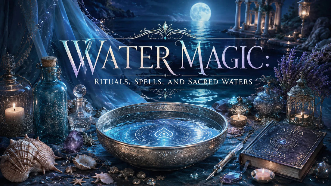 Mystical water magic altar with sacred waters, candles, seashells, and spellbook under moonlight