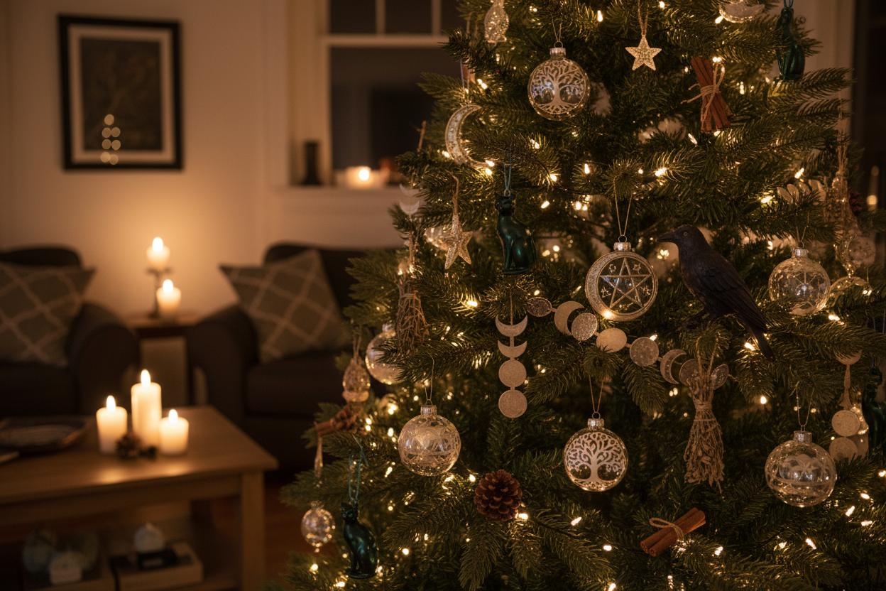 Witchy Christmas ornaments featuring pentacles, moons, and mystical symbols on a cozy, candlelit tree for magical decor