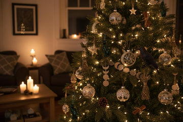Witchy Christmas ornaments featuring pentacles, moons, and mystical symbols on a cozy, candlelit tree for magical decor