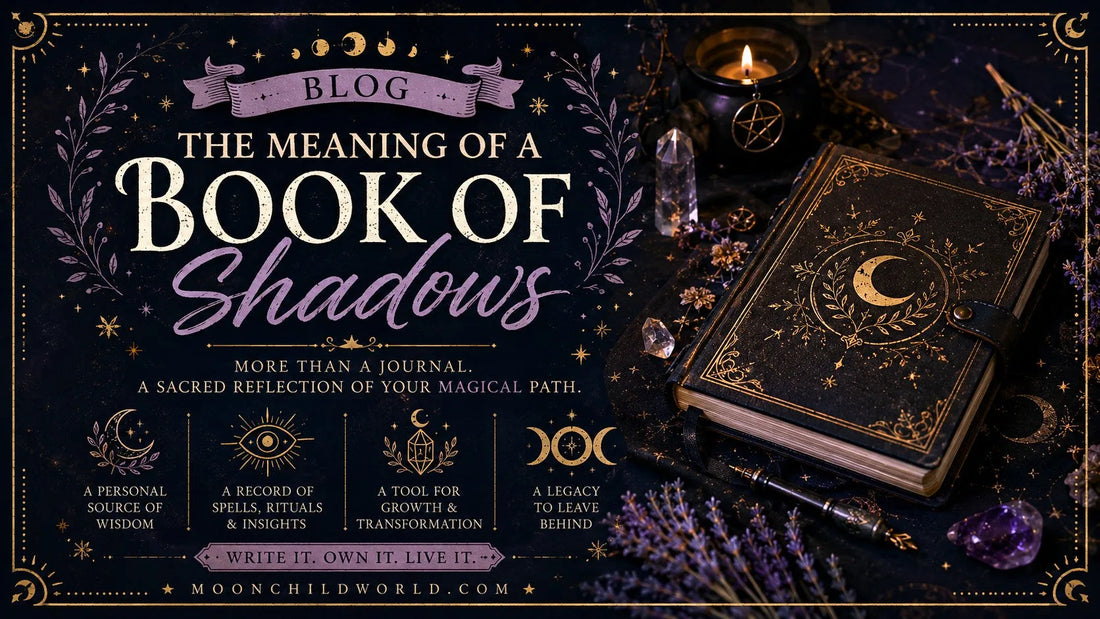 Book of Shadows with mystical symbols, crystals, and candlelight for exploring spiritual journaling ideas