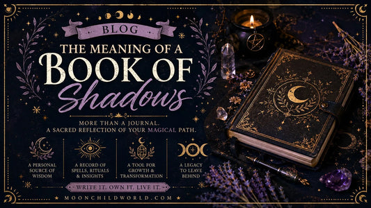 Book of Shadows with mystical symbols, crystals, and candlelight for exploring spiritual journaling ideas