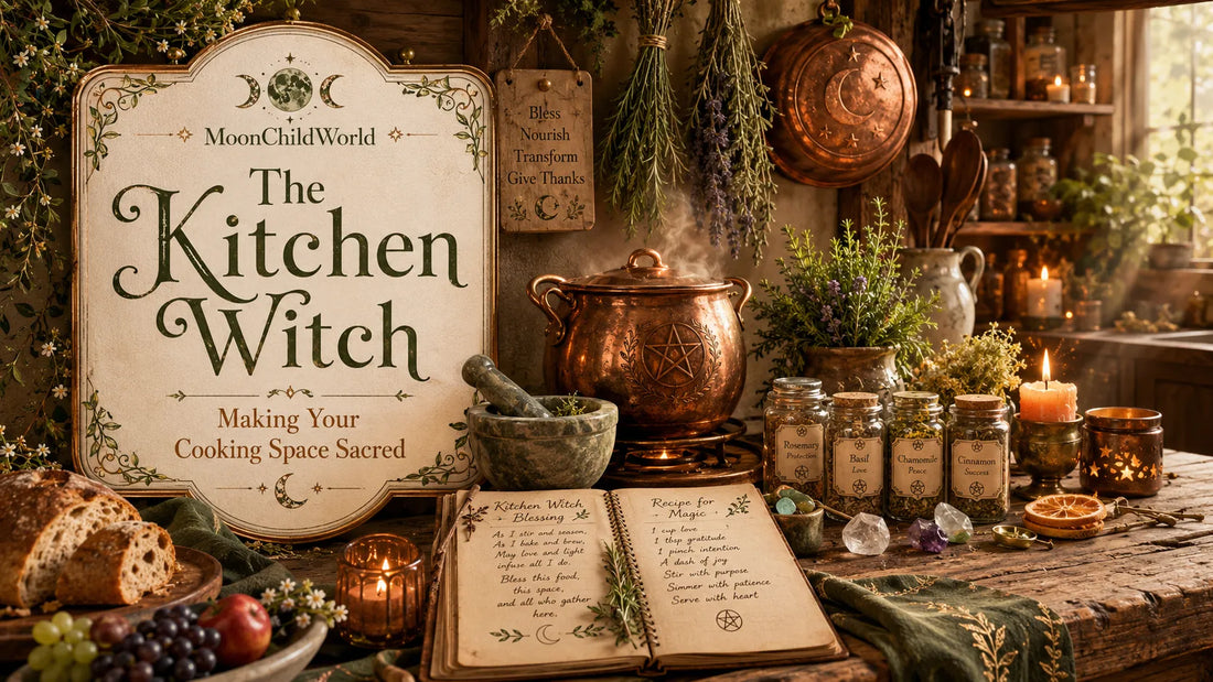 A cozy kitchen witch setup with herbs, spell jars, and a copper cauldron for sacred cooking inspiration