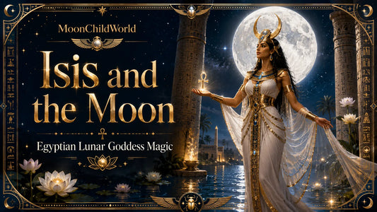 Ancient Egyptian goddess Isis stands by the moonlit Nile, embodying Egyptian lunar goddess magic