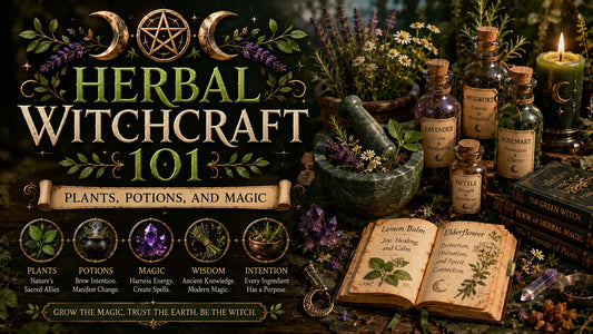 Herbal witchcraft 101 guide featuring magical plants, potion bottles, spell books, and mystical herbs