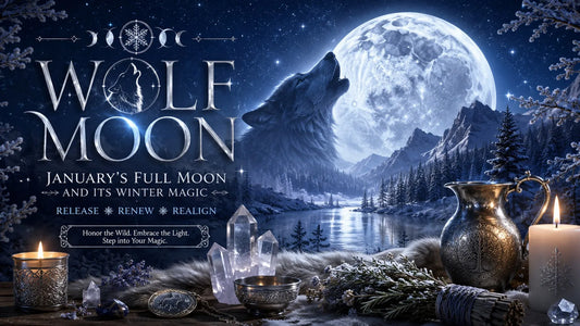 A howling wolf under the full moon with winter forest scenery and Wolf Moon ritual altar setup