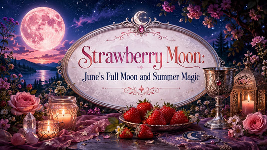 Romantic strawberry moon with glowing candles, fresh strawberries, and magical summer decor for June’s full moon celebration