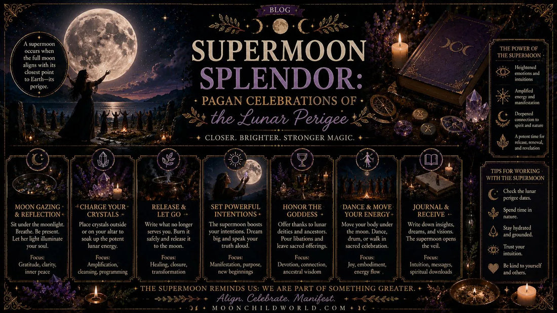 Pagan supermoon celebrations with rituals, crystals, and moonlit gatherings for powerful lunar magic and intention setting