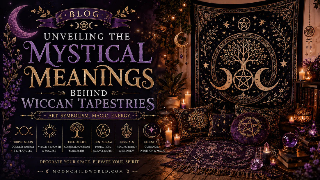 Mystical wiccan tapestries with moon phases and pentacle design for witch, pagan, and gothic home decor