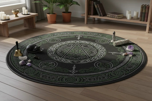 Wiccan round rug with pentacle design creates a mystical pagan ritual space for modern witch or gothic decor