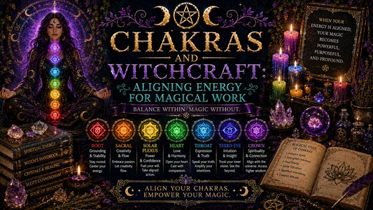 Chakras and witchcraft guide with colorful chakra symbols, magical books, crystals, and candles for aligning energy