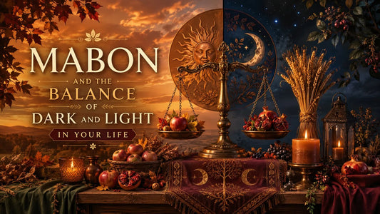 Autumn Mabon altar with balanced scales, candles, apples, and pomegranates symbolizing balance of dark and light