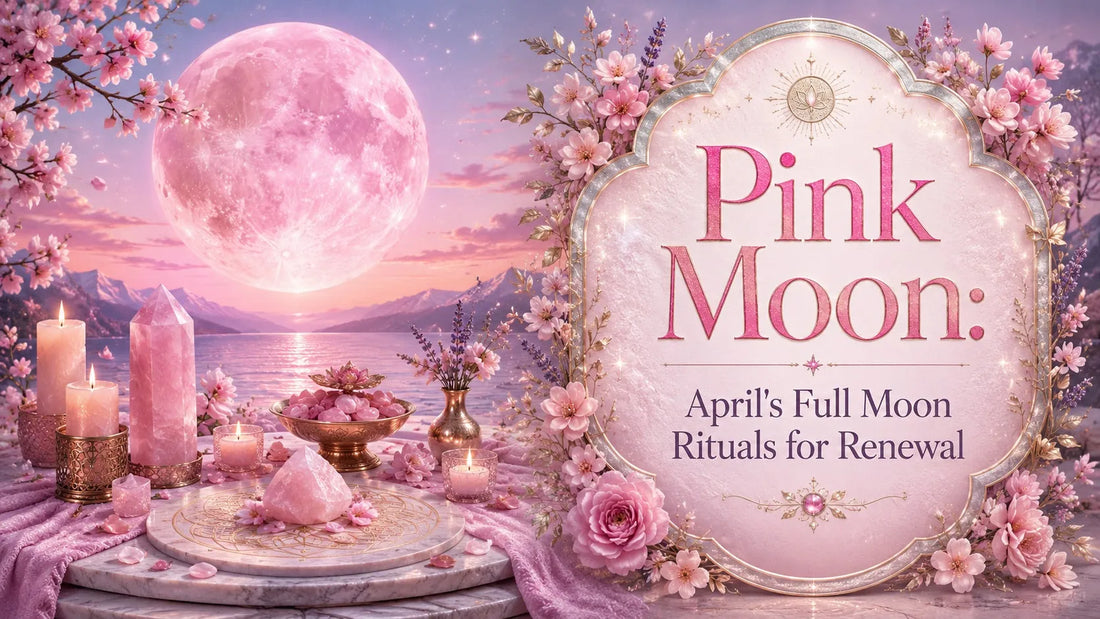 Pink moon rituals for renewal with crystals, candles, and cherry blossoms under a glowing full moon in April