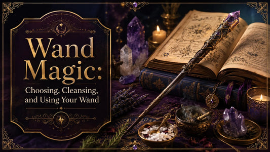 Decorative wand magic setup with crystals, spellbook, herbs, and candles for choosing and using your wand
