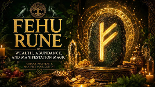 Fehu rune symbol glowing on a stone altar surrounded by gold coins and crystals for wealth manifestation