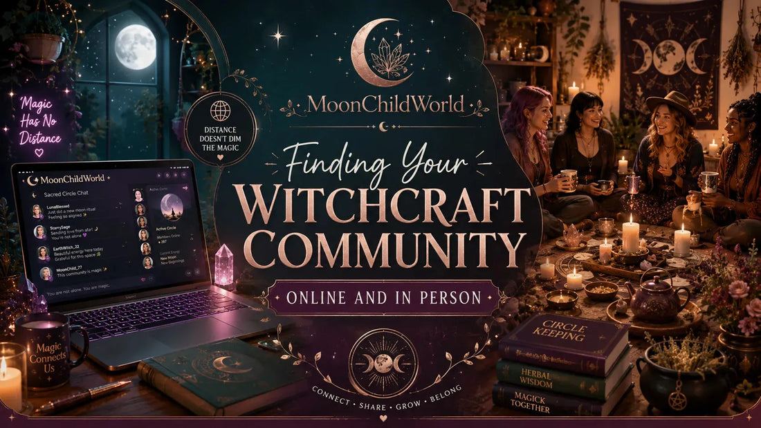 Witchcraft community gathering online and in person with candles, tea, and spiritual connection activities