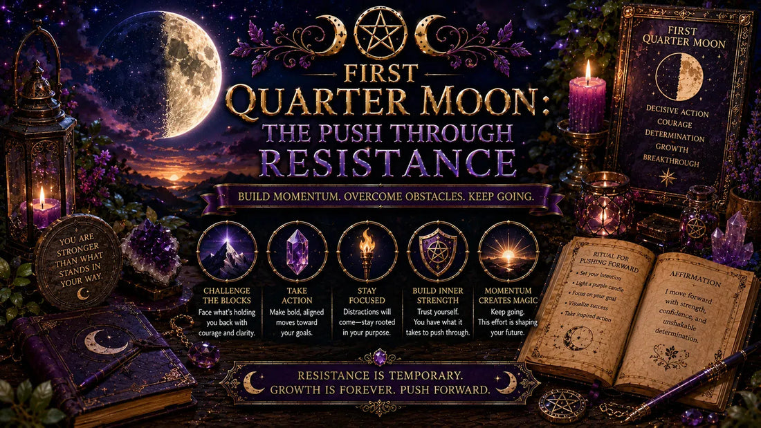 First quarter moon ritual inspiration with candles, crystals, and motivational affirmations for overcoming resistance