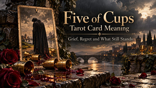 Five of Cups tarot card meaning banner with the Five of Cups card beside candles and golden cups