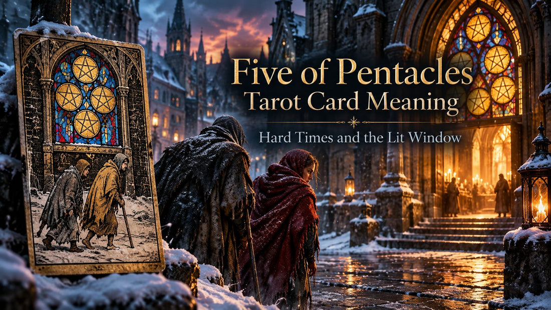 Five of Pentacles tarot card meaning banner with the Five of Pentacles card in a sunlit scene