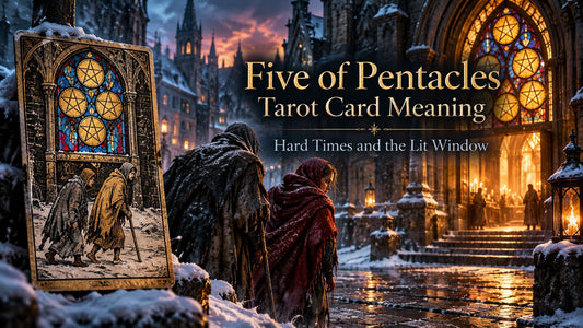 Five of Pentacles tarot card meaning banner with the Five of Pentacles card in a sunlit scene