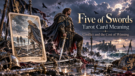 Five of Swords tarot card meaning banner with the Five of Swords card in a candlelit stone hall