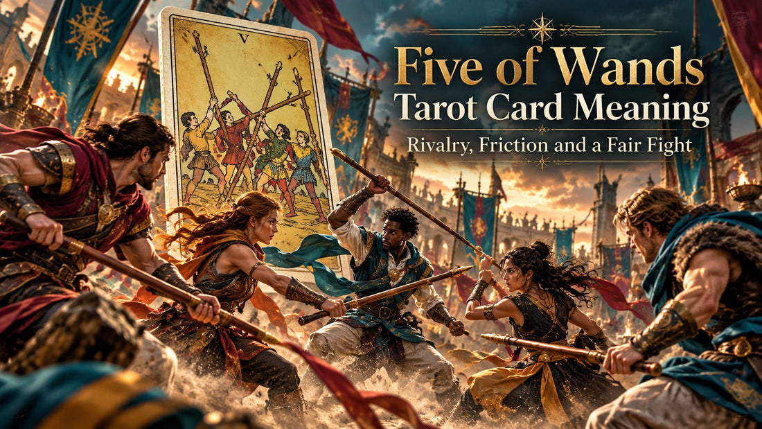 Five of Wands tarot card meaning banner with the Five of Wands card in a sunlit scene